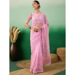 Sangria Ethereal Charm Embroidered Net Saree image 5