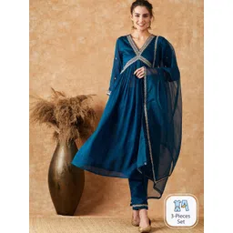 Sangria Ethnic Motifs Embroidered Empire Kurta With Trouser & Dupatta-picture-29