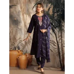 Sangria Ethnic Motifs Embroidered Sequinned Kurta With Trousers & Dupatta-picture-27