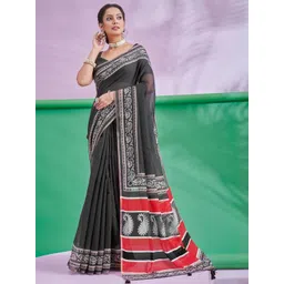 Sangria Ethnic Motifs Printed Cotton Linen Saree With Unstitched Blouse-picture-26