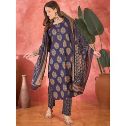 Sangria Ethnic Motifs Printed Pure Cotton Straight Kurta With Trousers & Dupatta-picture-20