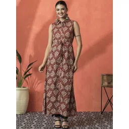 Sangria Ethnic Motifs Printed Shirt Collar Empire Pure Cotton A-Line Kurta-picture-39