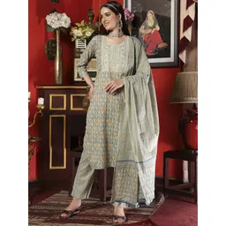 Sangria Ethnic Motifs Printed Thread Work Pure Cotton Kurta & Trouser With Dupatta-picture-28