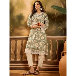 Sangria Ethnic Motifs Printed V-Neck Flared Sleeves Pure Cotton Straight Kurta-picture-34