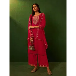 Sangria Ethnic Motifs Yoke Embroidered Straight Kurta & Palazzos With Dupatta-picture-13