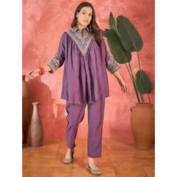 Sangria Floral Embellished Shirt Collar Tunic With Trouser Co-Ords-picture-11