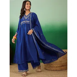 Sangria Floral Embroidered A-Line Kurta With Palazzo & Dupatta-picture-12