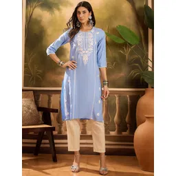 Sangria Floral Embroidered Chikankari Round Neck Straight Kurta-picture-28