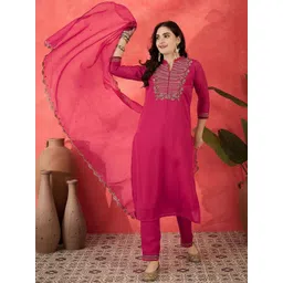 Sangria Floral Embroidered Mandarin Collar Sequinned Straight Kurta Trousers & Dupatta-picture-29