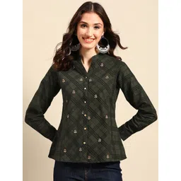 Sangria Floral Embroidered Mandarin Collar Shirt Style Cotton Top-picture-25