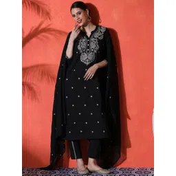Sangria Floral Embroidered Mandarin Collar Thread Work A-Line Kurta & Trousers & Dupatta-picture-34