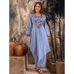 Sangria Floral Embroidered Pure Cotton A-Line Kurta With Palazzos-picture-14