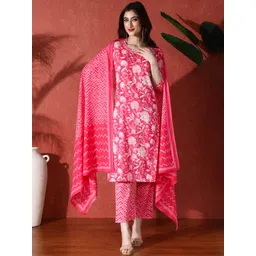 Sangria Floral Embroidered Pure Cotton Straight Kurta & Trousers With Dupatta-picture-34