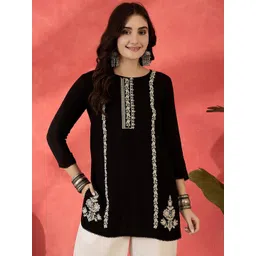 Sangria Floral Embroidered Round Neck Kurtis-picture-38