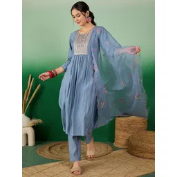 Sangria Floral Embroidered Round Neck Sequinned Kurta With Trousers & Dupatta-picture-36