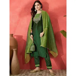 Sangria Floral Embroidered Round Neck Sequinned Straight Kurta Trousers & Dupatta-picture-26