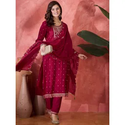 Sangria Floral Embroidered Round Neck Sequinned Straight Kurta With Trousers & Dupatta-picture-12