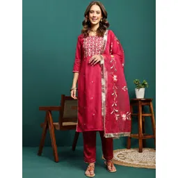 Sangria Floral Embroidered Round Neck Straight Kurta With Trousers & Dupatta-picture-14