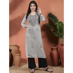 Sangria Floral Embroidered Round Neck Thread Work Straight Kurta-picture-31