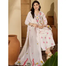 Sangria Floral Embroidered Thread Work Chinon Silk A-Line Kurta With Pant And Dupatta-image-14