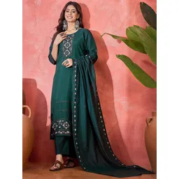 Sangria Floral Embroidered Thread Work Pure Silk Straight Kurta & Trousers With Dupatta-picture-33