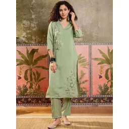 Sangria Floral Embroidered V-Neck Kurta & Trousers & Dupatta Set-picture-29