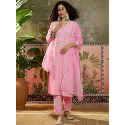 Sangria Floral Embroidered V-Neck Kurta & Trousers & Dupatta Set-picture-36