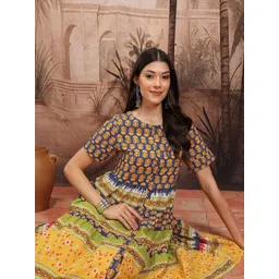 Sangria Floral Print Cotton A-Line Ethnic Dress-picture-36