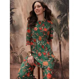 Sangria Floral Print Lace Detailed Cinched Waist Tunic & Palazzos-picture-16