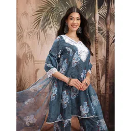 Sangria Floral Print Lace Insert Detail A-line Kurta with Salwar & Dupatta-picture-11