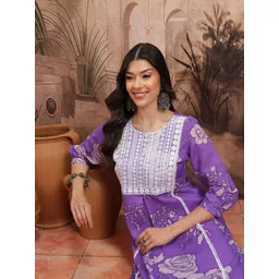 Sangria Floral Print Pleated Thread Work Kurta with Palazzos-picture-21