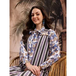 Sangria Floral Print Pure Cotton Tie-Up Neck Ethnic Top with Striped Trousers and Shrug-picture-22