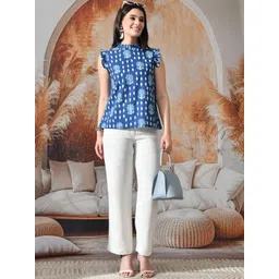 Sangria Floral Print Ruffles Indigo Cotton Top-picture-13