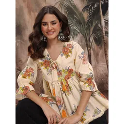 Sangria Floral Print Tie-Up Neck Fringed hem Cotton Empire Top-picture-25