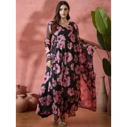 Sangria Floral Printed A Line Ethnic Dress With Dupatta-picture-27