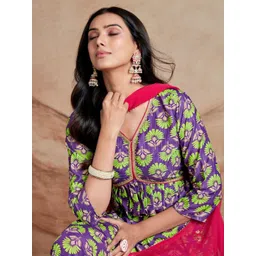 Sangria Floral Printed A-Line Kurta & Trousers With Dupatta-picture-37