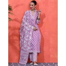 Sangria Floral Printed A-Line Pure Cotton Kurta With Trousers & Dupatta-picture-34