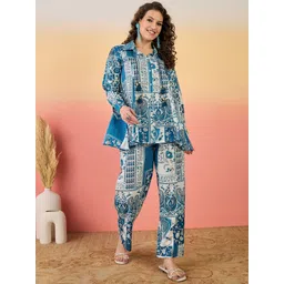 Sangria Floral Printed Cotton Shirt Collar Pure Cotton Tunic With Trousers-picture-16