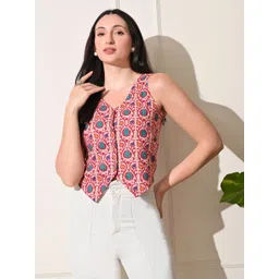 Sangria Floral Printed Cotton V-Neck Vest Top-picture-32