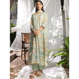 Sangria Floral Printed Empire Thread Work Pure Cotton Kurta With Trouser & Dupatta-picture-26