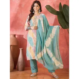 Sangria Floral Printed Gotta Patti Straight Kurta And Trousers With Dupatta-picture-16