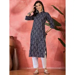 Sangria Floral Printed Mandarin Collar Pure Cotton A-Line Kurta-picture-30