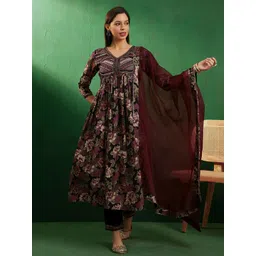 Sangria Floral Printed Mirror Thread work Straight Kurta With Trouser & Dupatta-picture-29