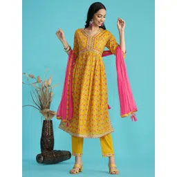 Sangria Floral Printed Mirror Work Pure Cotton Anarkali Kurta With Trouser & Dupatta-picture-21