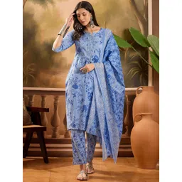 Sangria Floral Printed Notch Neck Pure Cotton Straight Kurta With Trousers & Dupatta-picture-19