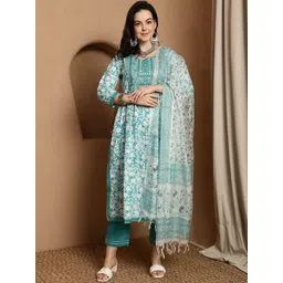 Sangria Floral Printed Pure Cotton Anarkali Kurta & Trousers With Dupatta-picture-15