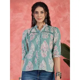 Sangria Floral Printed Pure Cotton Mandarin Collar Puff Sleeve Top-picture-26