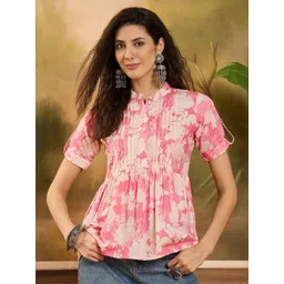 Sangria Floral Printed Pure Cotton Pintuck Short Peplum Top image 1