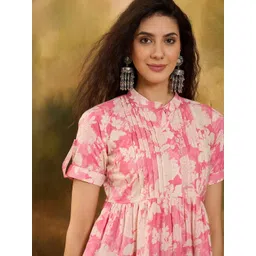 Sangria Floral Printed Pure Cotton Pintuck Short Peplum Top image 4