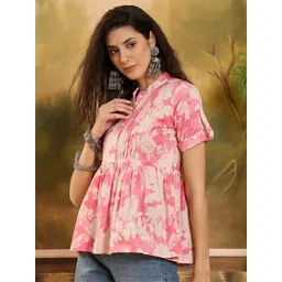 Sangria Floral Printed Pure Cotton Pintuck Short Peplum Top image 2